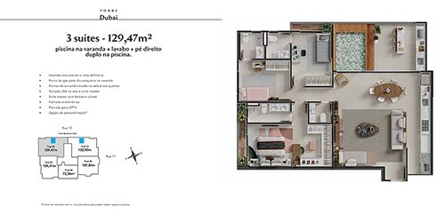 Planta - 3 Suítes - 129 m2 - Torre Dubai