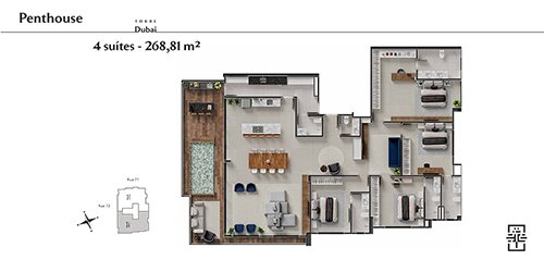 Planta - 4 Suítes - 268 m2 - Torre Dubai